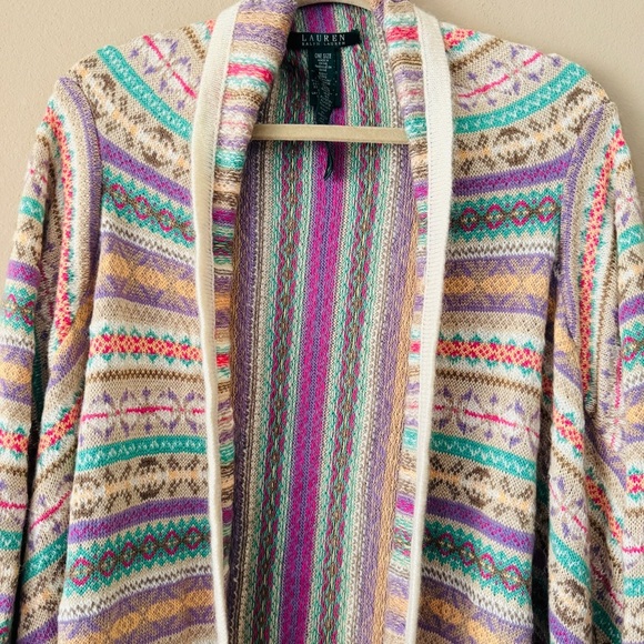 NWT Lauren Ralph Lauren Wool Cashmere Blend Tribal Open Front Cardigan One Size - Picture 3 of 9